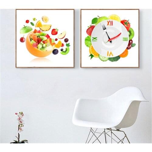 Framed Clock Vegetables Poster Fruit Creative Plate Tomato Lime Wall Painting Decoration Canvas Print Kitchen Decor Cuadros