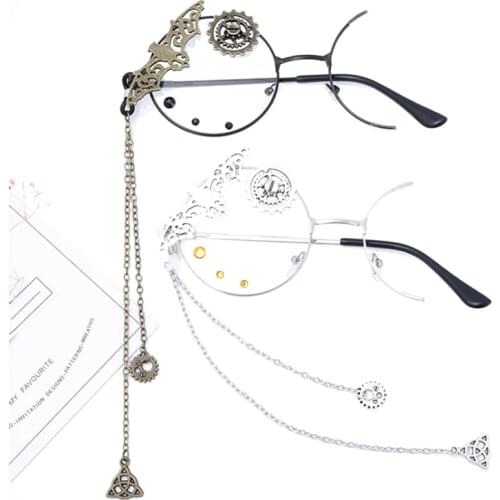 Lolita Bat Gear Pendant Glasses Student Personality with diamond half frame Lolita Flat mirror glasses anime Cosplay exhibition