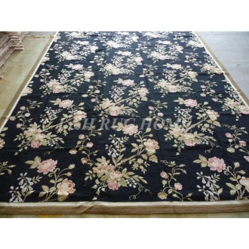 Free shipping 9'x12' handmade woolen rug, needlepoint woolen carpet, 100% New Zealand Wool, black field small flowers