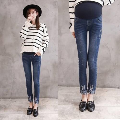 Rabbit embroidered maternity pants maternity wear casual pants stomach lift pants hole stretch stomach lift denim pants