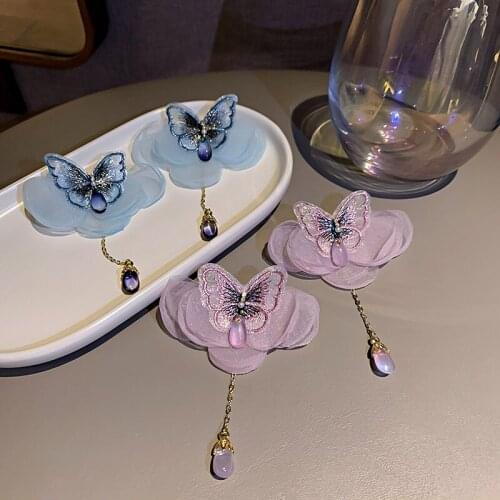 VSnow Korean Fashion Pearl Lace Butterfly Dangle Earrings for Women French Pink Blue Crystal Pendientes Holiday Earrings Jewelry