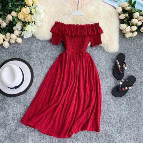 Woherb 2020 Summer elegant Dresses women Plaid Off Shouder Solid Vestidos sweet Ruffles A-line High Waist Dress Robe Femme 25896