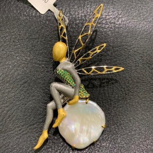 Baroque natural fresh water pearl brooch 925 sterling silver fairy brooch for coat fine women jewelry free shipping