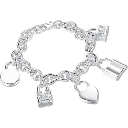 New 925 Silver Heart Shaped Round Lock Pendant Bracelet Ladies Fashion Charm Jewelry Gift