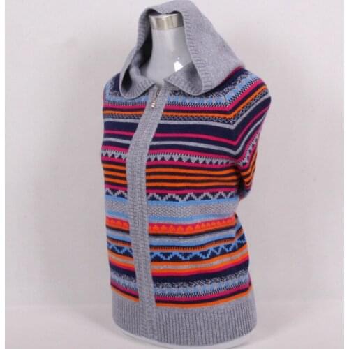 100%goat cashmere thick knit women zipper hooded cardigan sweater coat patchwork color striped S/90-5XL/125