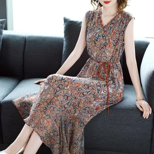 Real 200% Silk Dress Women Sleeveless Long Summer Dress Ruffle Floral Elegant Dresses Party Beach Maxi Vestidos LWL299255