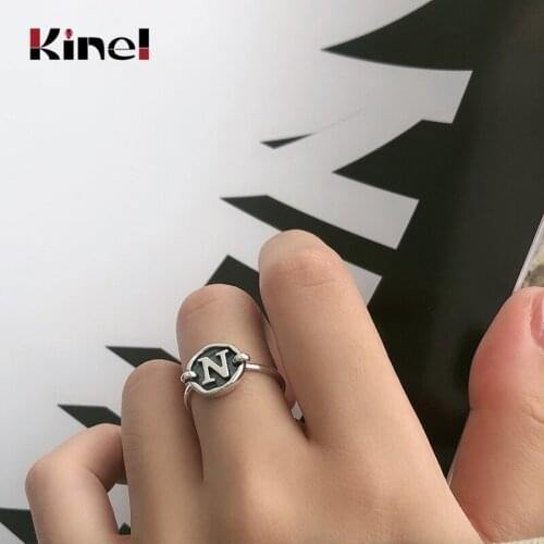 Kinel 100% Authentic 925 Sterling Silver Open Letter Rings for Women Irregular Geometric Black Enamel Silver Ring Korea Jewelry