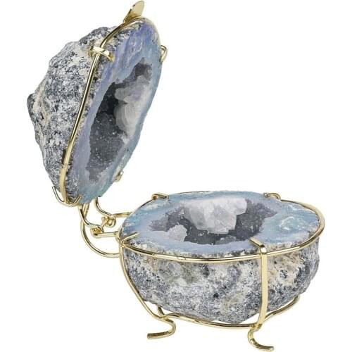 Natural Crystal Handmade Storage Aura Agate Geode with Copper Wire Box Rough Quartz Electroplating for Women Jewelry Container