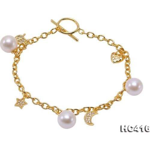 Unique Pearls jewellery Store 925 Silver Chain Bracelet 8-8.5mm White Round Freshwater Pearl Bracelet 19cm
