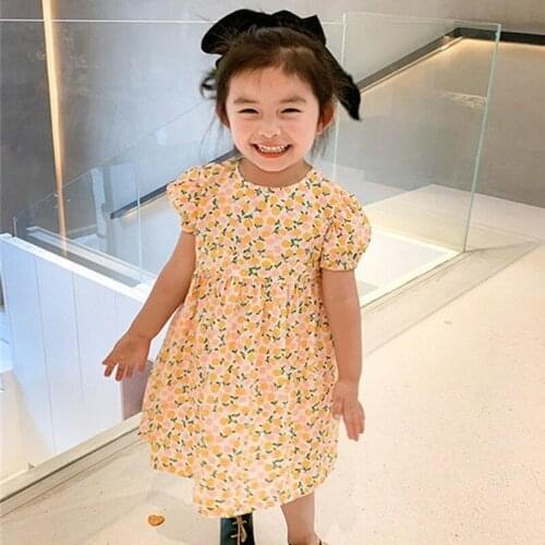 Baby Princess Dress With Round Neck And Flowers Printed Bubble Sleeves Clothes For Girls Birthday Gift