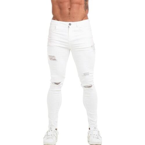 GINGTTO Jeans White Hip hop Men Cotton High Waist Pants Stretch Skinny Jeans Men Waist Elastic Pants for Men Plus Size Silm Fit