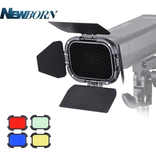 Godox BD-07 Barn Door with Detachable Honeycomb Grid and 4 Color Gel Filters (Red Yellow Blue Green) for Godox AD200 Speedlite