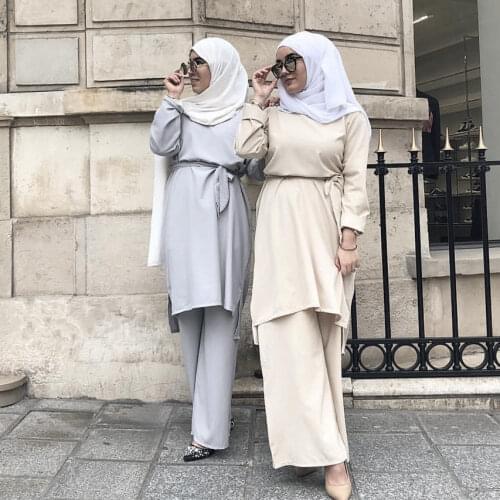 Two Piece Sets Tops and Wide Leg Pant Women Muslim Set Ramadan Turkey Dubai Lace-up Abaya Moroccan Kaftan Islam Clothes Musulman