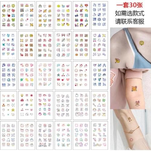 30pcs Cute Smile Colorful Temporary Tattoos for Women Men Figure Hands Fake Tatto Stickers Waterproof Small Cartoon Body Decals