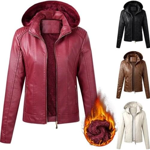 Autumn and Winter Plus Fleece PU Leather Jacket Women Fashion Hooded Windbreaker Keep Warm Faux Leather Coat Femme Biker Jackets