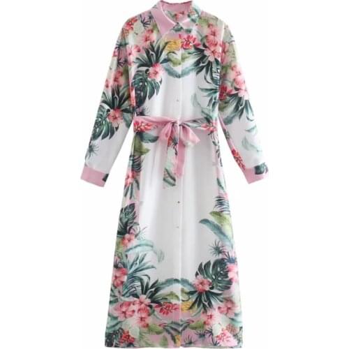 Summer Women Flower Placement Print Sashes Midi Shirt Dress Female Long Sleeve Clothes Casual Lady Loose Vestido D7811