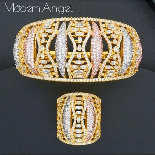 ModemAngel Luxury 2PCS Dubai Bangle Ring Set Fashion Jewelry Sets For Women Wedding Engagement brincos para as mulheres 2020