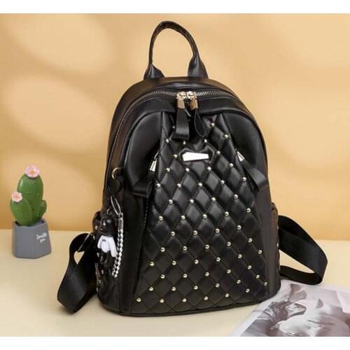 Hot Sale New Fashion Design Soft Pu Leather Backpack Womens Diamond Lattice Double Shoulder Bags Casual Travel Backpack