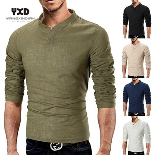 Plus size Man clothes Summer Men Linen Baggy Solid long sleeve Stand Collar Shirts hawaiian shirt camisa masculina pullover men