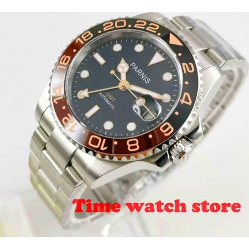 40mm parnis GMT 3804 Automatic wrist watch men sapphire glass waterproof steel black dial orange luminous turning bezel