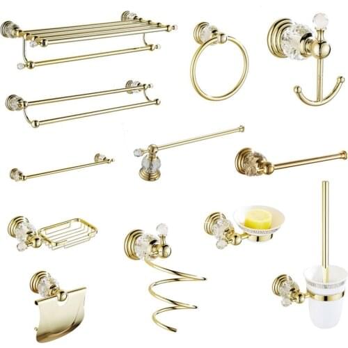 Bathroom Hardware Sets Soap Dish Solid Brass Toilet Brush Holer Gold Polished Towel Rack Crystal Bathroom Products Wall Mounted