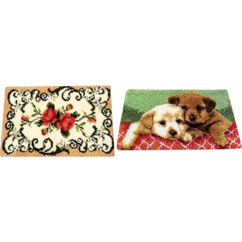 2 Sets Flower Dog Latch Hook Rug Kits Carpet Cushion DIY Needlework Crocheting Embroidery Kit