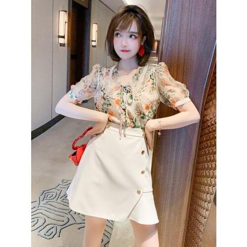 New - vintage lace embroidery lace printed shirt + A - Line skirt of tall waist suit the new female summer