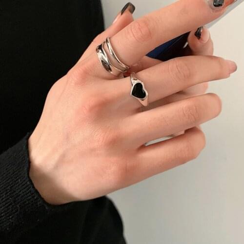 New ins Simple Vintage Black Love Epoxy Ring Personality Exquisite Adjustable Heart Rings For Women Girls Fashion Jewelry Gift