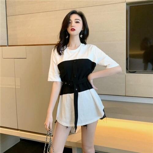 Fake Two Piece Tops Women T-Shirt Top Short Sleeve O-Neck Korean Fashion Summer Cotton Tee Casual T Shirt Femme with Belt Y673