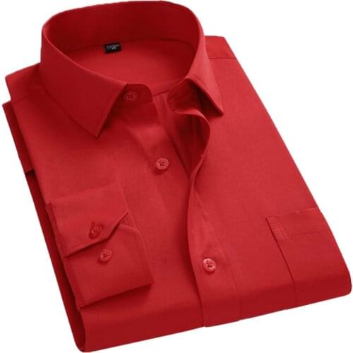 AOLIWEN men red solid color business dress shirt S-8XL spring autumn office breathable comfortable soft long sleeve slim shirts