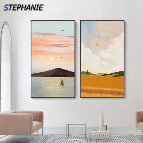 Scandinavian Landscape Posters Modern Scenery Sky Sea sunrise Prints color Clouds Wall Art Canvas Painting Nordic Decor Pictures