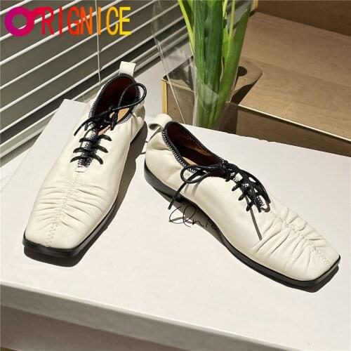 Orignice Fashion Pleated Women Genuine Leather Pumps Lace Up Solid Color Square Heels Dress Party Street Shoes Handmade For Lady