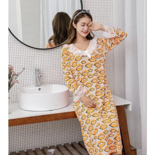 Spring And Autumn Knitted Cotton Korean Version Long Bracelet Sleeve Lady Princess Lace Nightdress Intimate Lingerie Home Dress