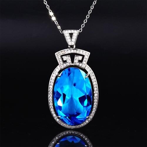 QTT Vintage 925 Sterling Silver Womens Pendant Chain Blue Huge Zircon Diamond Inlaid Oval Necklace Luxurious Wedding Jewelry
