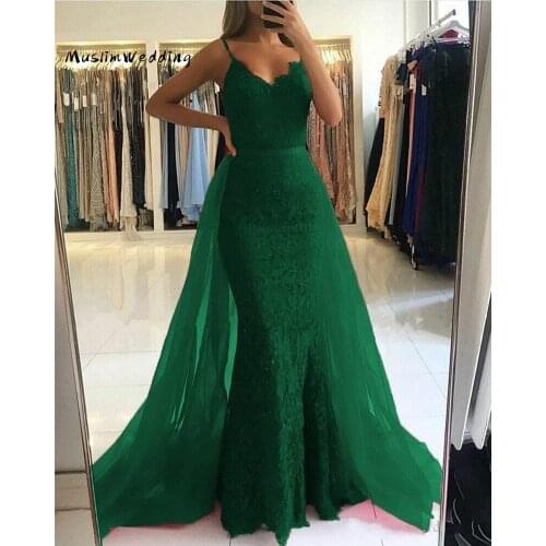 Green Dubai Prom Dresses 2020 With Detachable Train Mermaid Lace Evening Dress Spaghetti Straps Formal Plus SIze Party Dresses