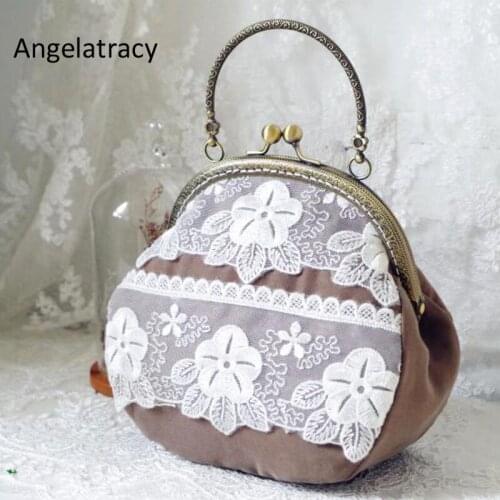 Angelatracy Lace Bags for Women Brown Metal Frame Handbag Vintage Coin Purse for Women Messenger Bags Mini Bags Floral Lace New