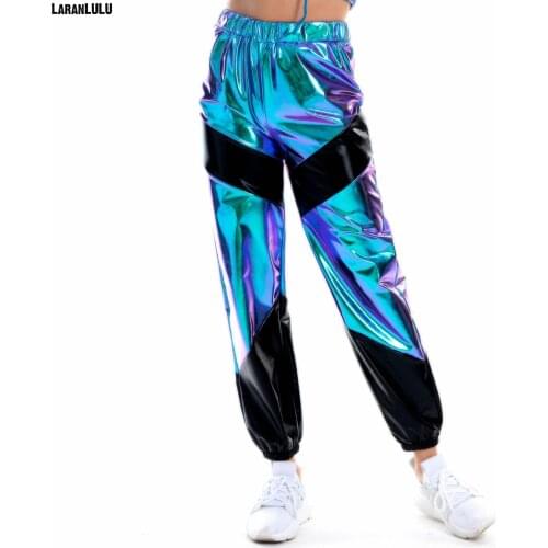 Women Shiny Metallic Joggers Pants Hip Hop Trouser Holographic Clothes Rave Festival Disco Pole Street Wear Dance Wear Sweatpant