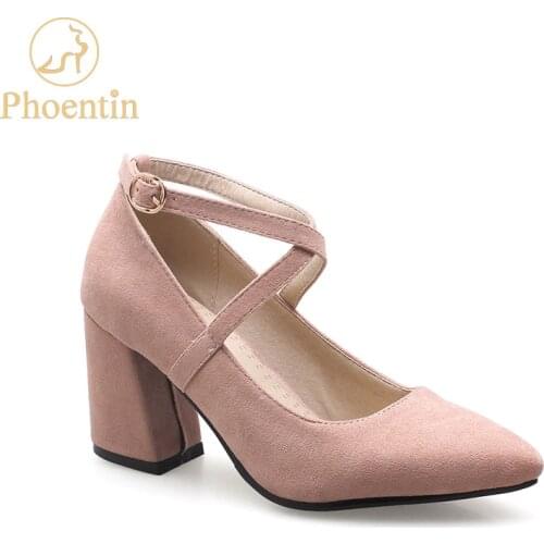 Phoentin pink buckle strap female shoes cross narrow band 2019 hoof high heel shoes flock block heel pumps women black FT656