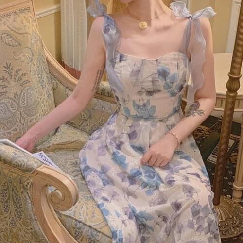 Elegant Strap Floral Midi Dress Women Vintage Sweet Print Slip Princess Long Dress Classy Party Holiday Fairy Dress Summer 2021