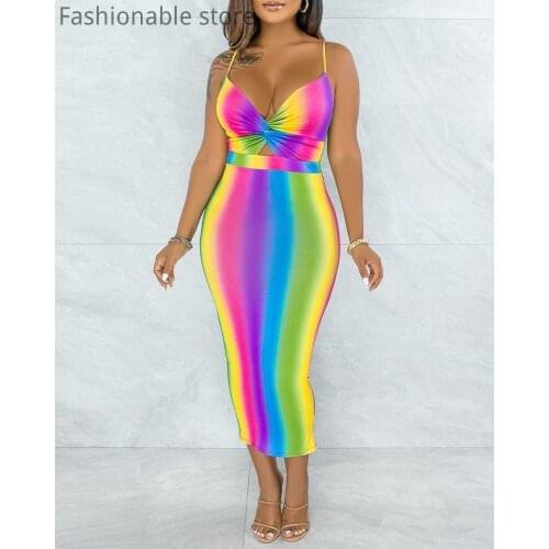 Women Sexy Colorblock Striped Print Spaghetti Strap Criss-cross Front Backless Maxi Dress