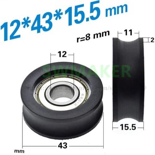 1pcs 12*43*15.5mm 6201zz U-groove 16mm track guide wheel, nylon, elevator over-wire guide wheel