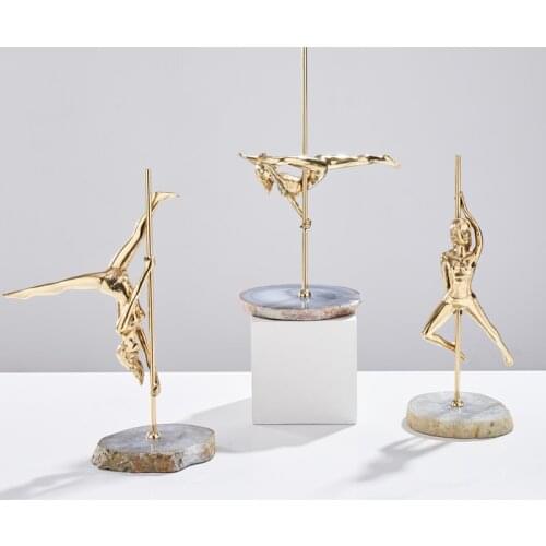 Home Decor Accessories Art Brass Pole Dance Sport Girl Statue Decor Figurine Natural Agate Stone Living Room Ornament Gift