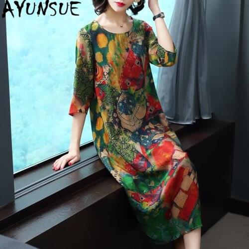 AYUNSUE 2020 New Summer Dress Women Casual Floral Plus Size Midi Silk Dress Womens Elegant Dresses Vestito Donna KJ1850