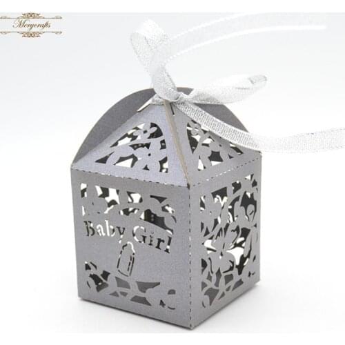 Baby shower light silver laser cut favor boxes with free ribbons