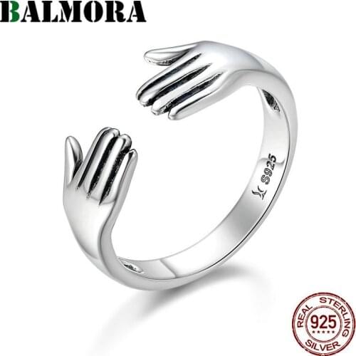 BALMORA 100% 925 Sterling Silver Hug Hands Ring For Women Luxury Fashion Open Adjustable Ring Stackable Statement Ring Jewelry