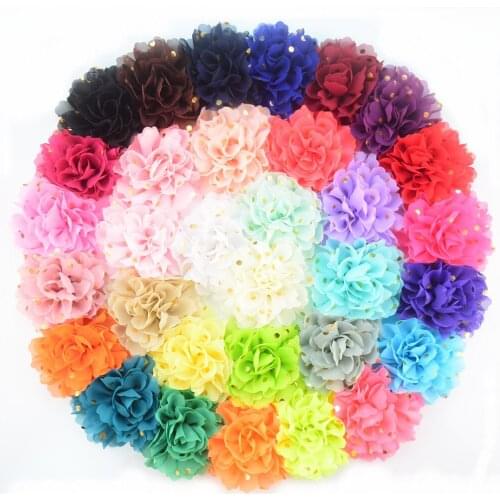 DHK 32color options 5pcs/lot Chiffon Flower Gold Polka Dot Childrens Head Flower Accessories headwear hairbow 10cm B1901
