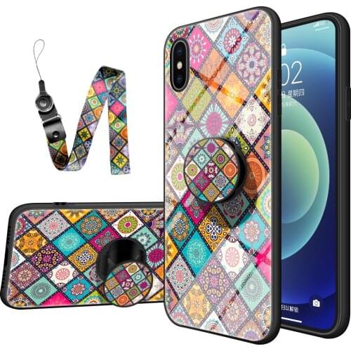 Tempered Glass Cases For iPhone X XS Max Personality Color Pattern Anti-Fall Phone Holder Cover Female Lanyard Phone Case Fundas