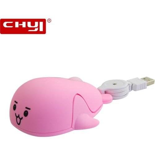 CHYI Cartoon Dolphin Retractable Wired Mouse 1000 DPI Mini Mute Mice Kids Children Mause for PC Laptop Computer