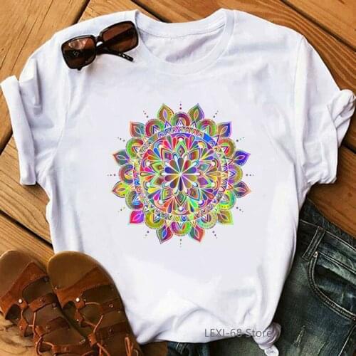 Colorful Geometric Mandala Flower Print Tshirt Women Clothes 2021 Funny T Shirt Female Summer Tops Tee Shirt Femme