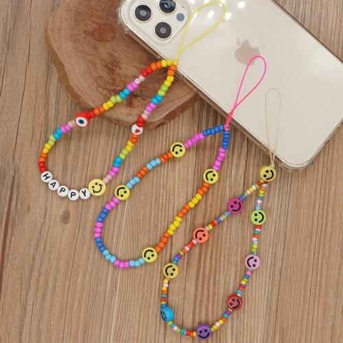 Go2Boho Smiley Strap For Phone Chain Mobile Chains Phone Beads String Colorful Lanyard Fashion Smile Face Telephone Jewelry 2021